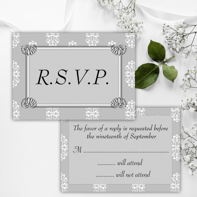 Silver Damask Wedding RSVP Card (Creator Uploaded)