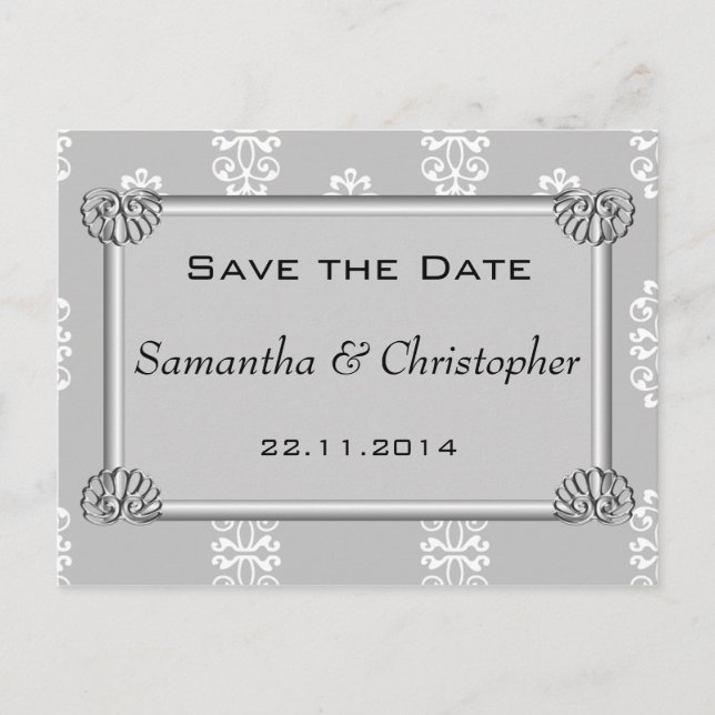 Silver Damask Wedding Save the Date Announcement Postcard (Front)