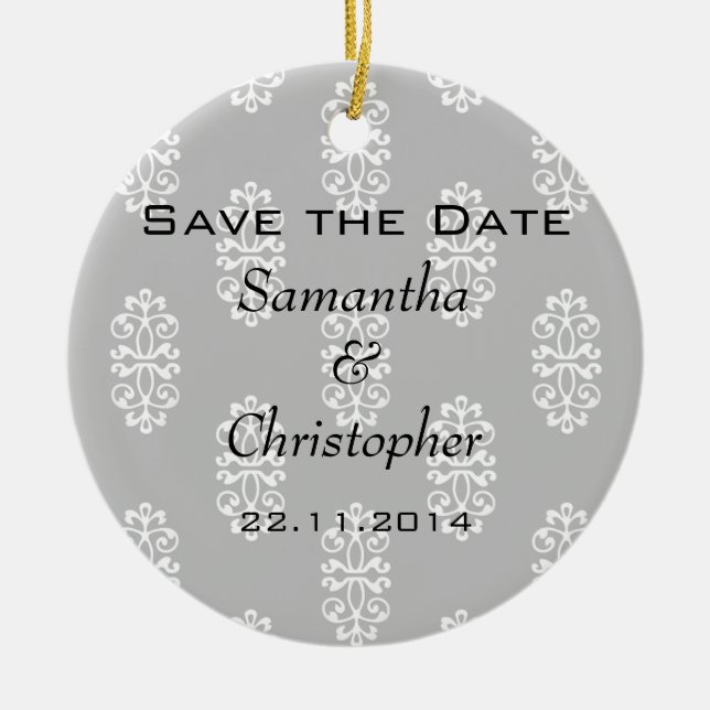 Silver Damask Wedding Save the Date Ceramic Ornament (Front)