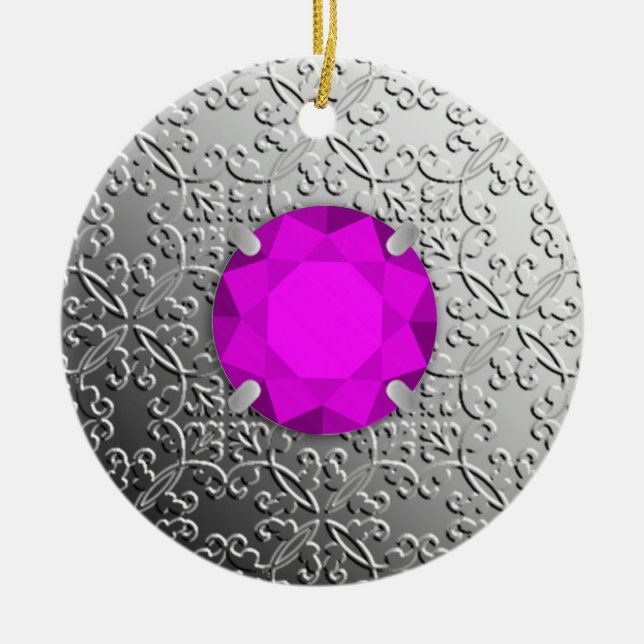 Silver Damask with a faux amethyst gemstone Ceramic Ornament (Front)