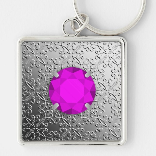 Silver Damask with a faux amethyst gemstone Keychain (Front)