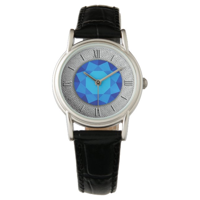 Silver Damask with a faux blue sapphire gem Watch (Front)