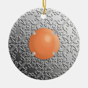 Silver Damask with a faux coral gemstone Ceramic Ornament