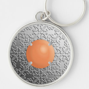 Silver Damask with a faux coral gemstone Keychain