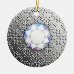 Silver Damask with a faux diamond gemstone Ceramic Ornament