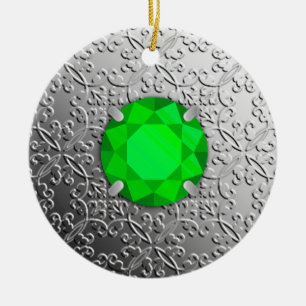 Silver Damask with a faux emerald gemstone Ceramic Ornament