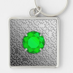 Silver Damask with a faux emerald gemstone Keychain