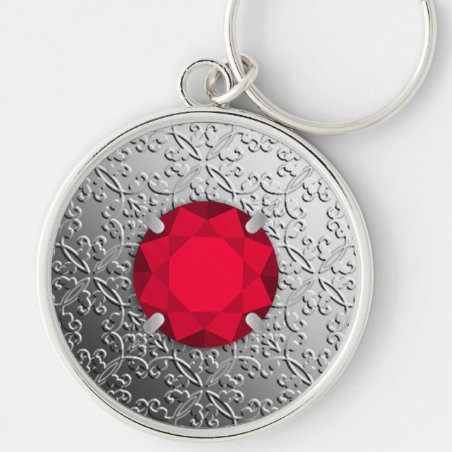 Silver Damask with a faux garnet gemstone Keychain (Front)