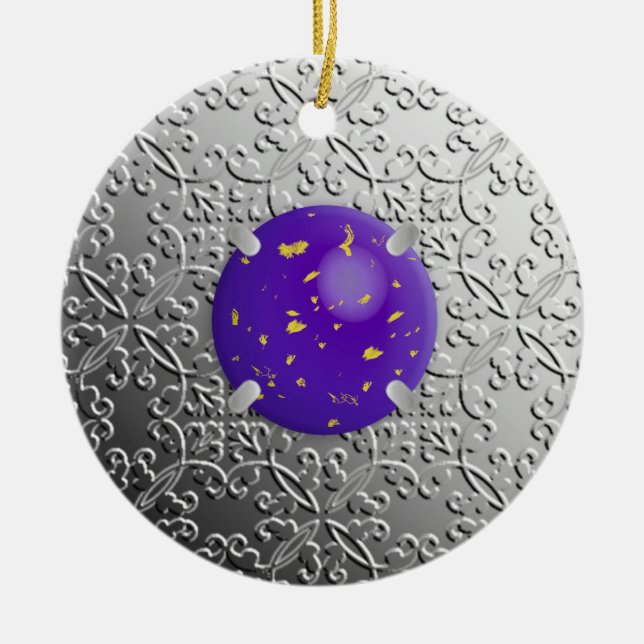 Silver Damask with a faux lapis lazuli gemstone Ceramic Ornament (Front)