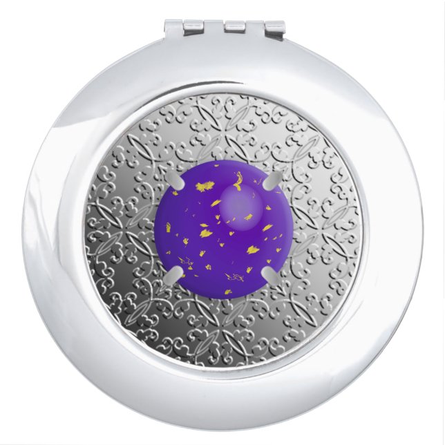 Silver Damask with a faux lapis lazuli gemstone Compact Mirror (Front)
