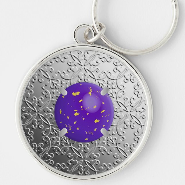Silver Damask with a faux lapis lazuli gemstone Keychain (Front)