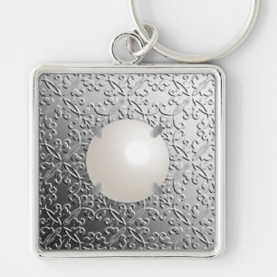 Silver Damask with a faux mabe pearl Keychain
