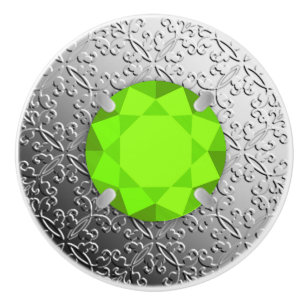 Silver Damask with a faux peridot gemstone Ceramic Knob
