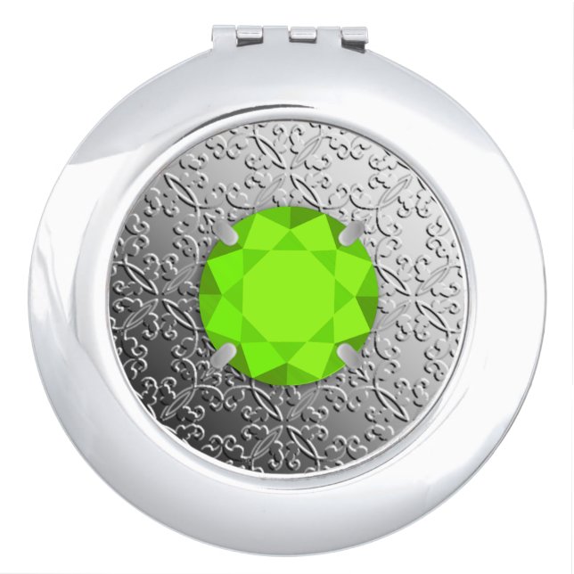 Silver Damask with a faux peridot gemstone Vanity Mirror (Front)