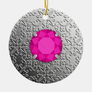 Silver Damask with a faux pink tourmaline gem Ceramic Ornament