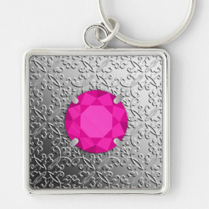 Silver Damask with a faux pink tourmaline gem Keychain