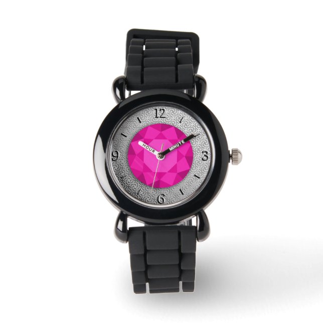 Silver Damask with a faux pink tourmaline gem Watch (Front)