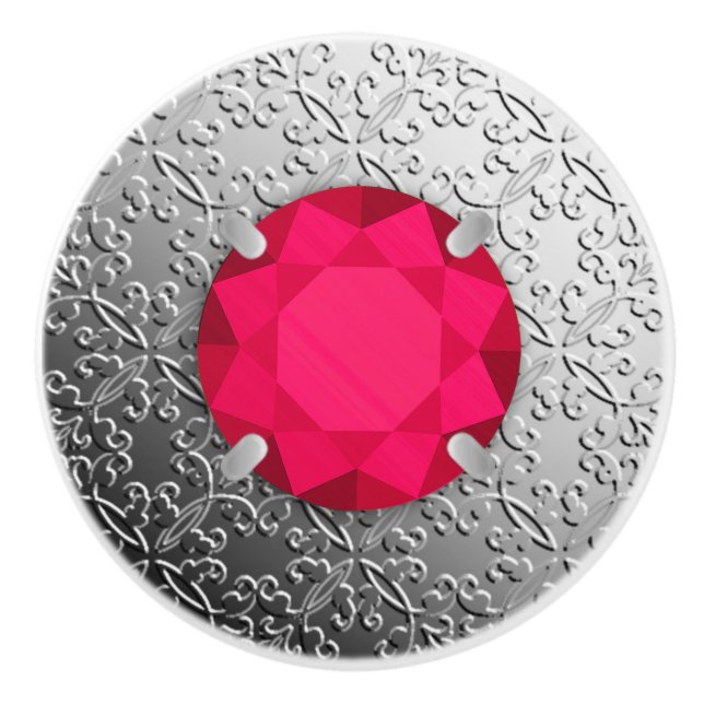 Silver Damask with a faux ruby gemstone Ceramic Knob (Front)