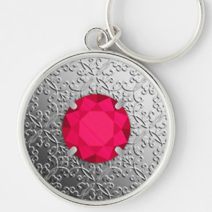 Silver Damask with a faux ruby gemstone Keychain