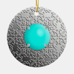 Silver Damask with a faux turquoise gemstone Ceramic Ornament