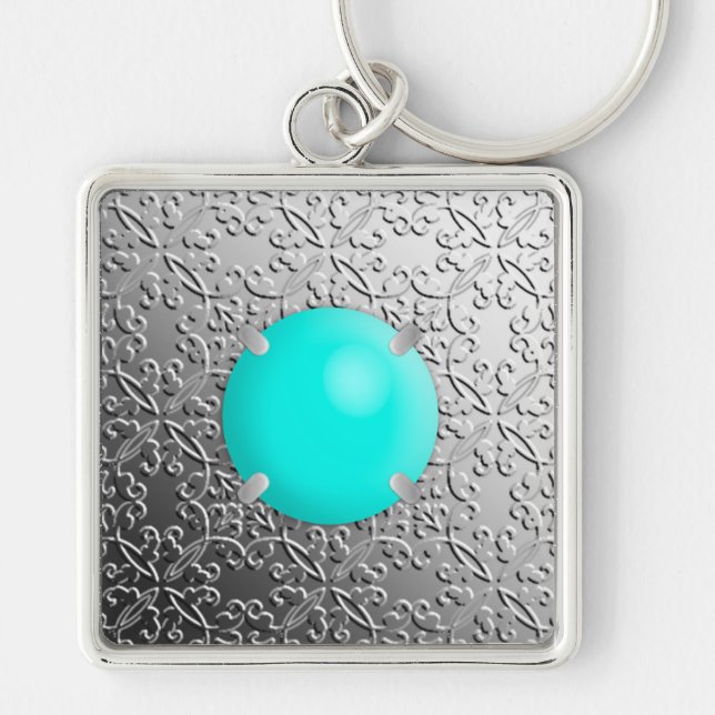 Silver Damask with a faux turquoise gemstone Keychain (Front)