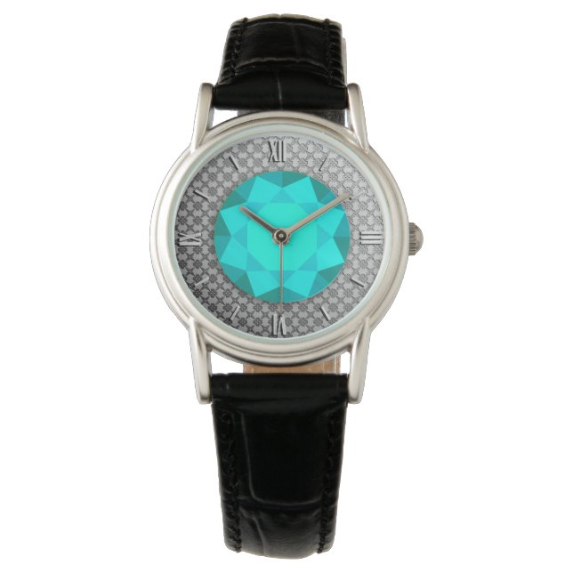 Silver Damask with an aquamarine gem / jewell Watch (Front)