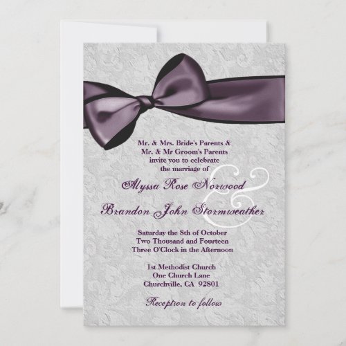 Silver Damask with Deep Purple Bow Wedding V2 Invitations