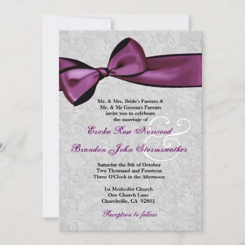 Silver Damask with Plum Purple Printed Bow Wedding Announcement