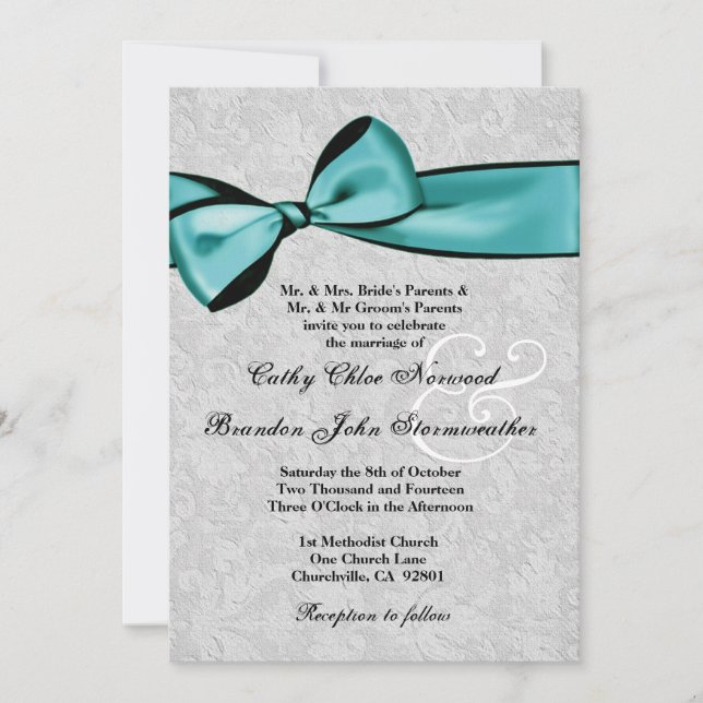 Silver Damask with Teal Printed Bow Wedding V003 Invitation (Front)