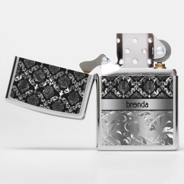 Silver damasks and swirls pattern zippo lighter (Opened)