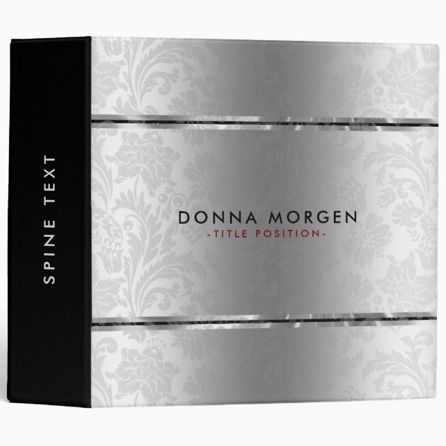 Silver Damasks & Black Stripes 3 Ring Binder (Front/Spine)