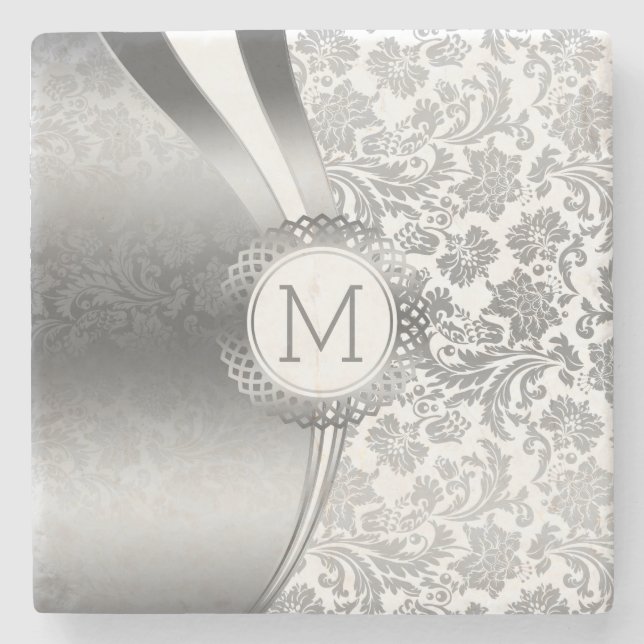 Silver Damasks & Modern Geometric Shape Stone Coaster (Front)