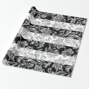 Silver Damasks On White & Black Stripes Wrapping Paper