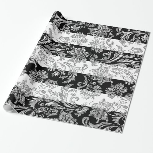 Silver Damasks On White  Black Stripes Wrapping Paper