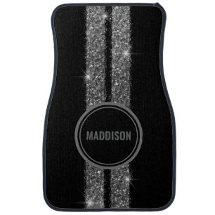 Silver Dark Glitter Racing Stripe Personalized Car Floor Mat