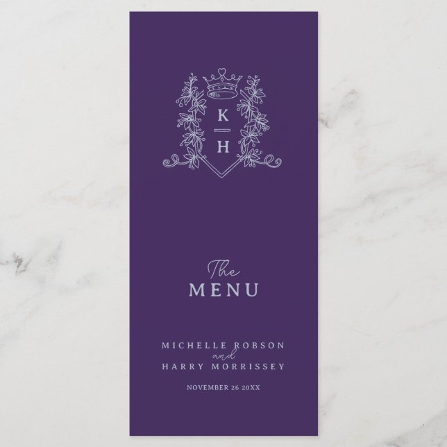 Silver dark purple crown crest monogram wedding menu (Front)