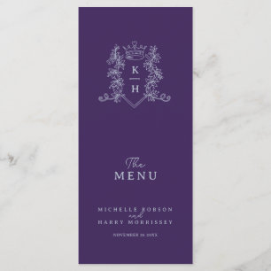 Silver dark purple crown crest monogram wedding menu