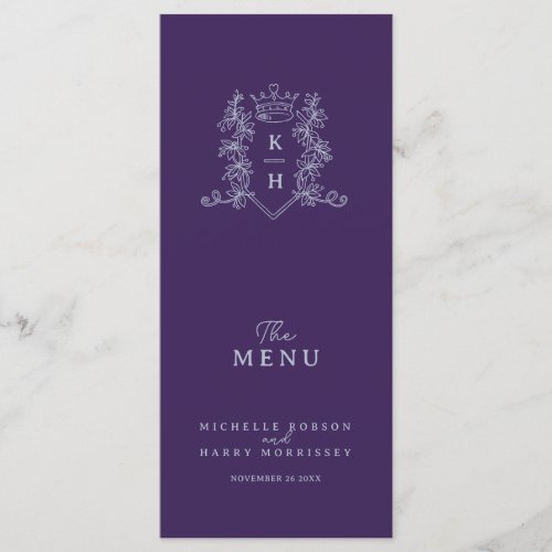 Silver dark purple crown crest monogram wedding menu