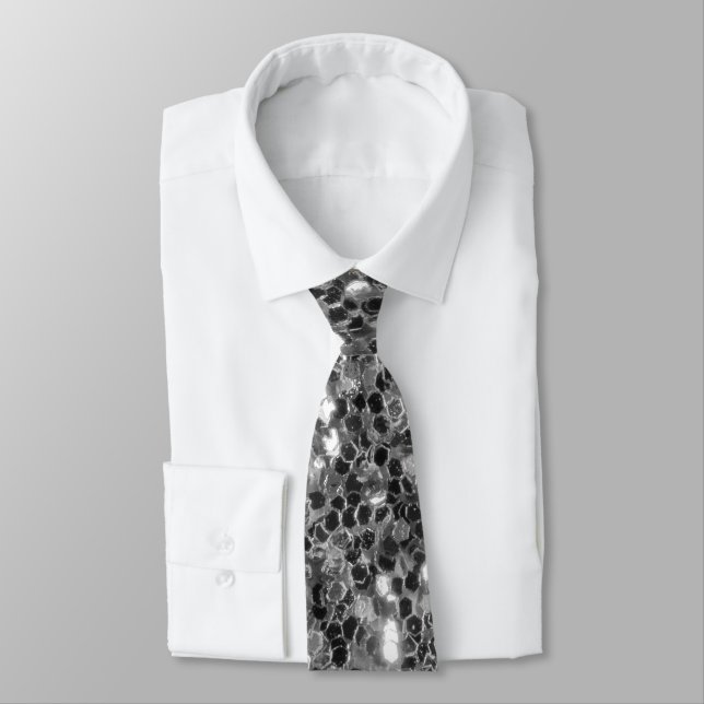 Silver dark sparkles glitter black and white  neck tie (Tied)