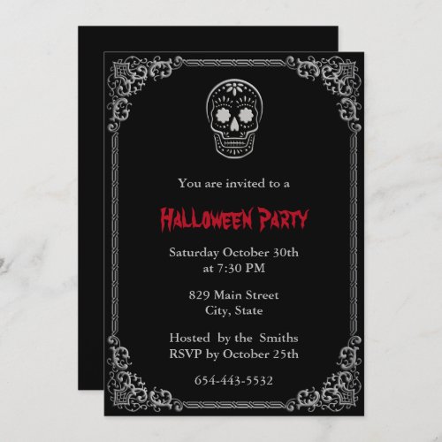 Silver Day Of The Dead Sugar Skull Halloween Invitation