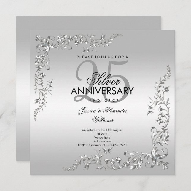 Silver Decoration 25th Wedding Anniversary Invitation (Front/Back)