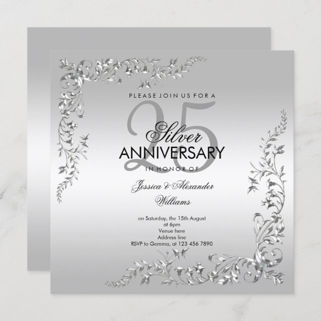 Silver Decoration 25th Wedding Anniversary Invitation (Front/Back)