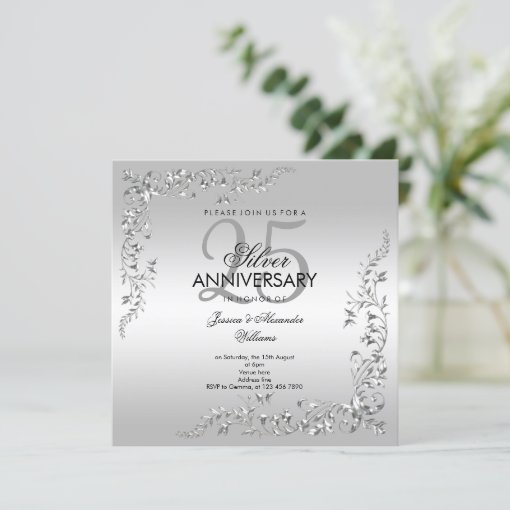 Silver Decoration 25th Wedding Anniversary Invitation | Zazzle