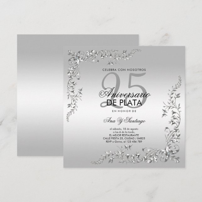 Silver Decoration 25th Wedding Anniversary  Invitation (Front/Back)