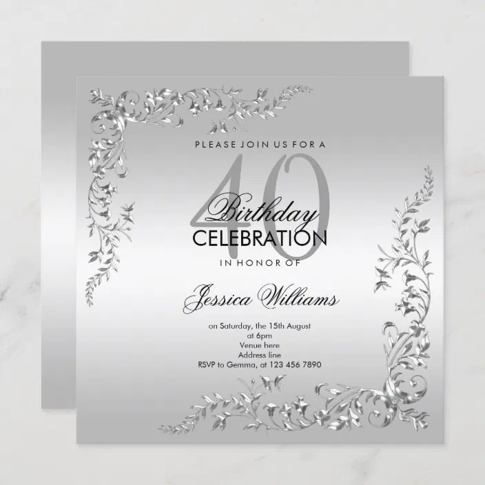 Silver Draped Garland 40th Personalised Birthday Party Invitations 