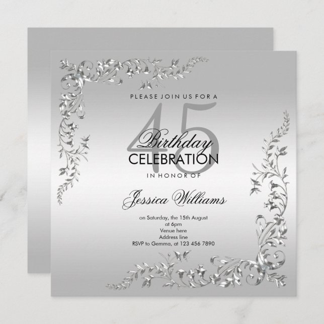Silver Decoration 45th Birthday Party Invitation (Front/Back)