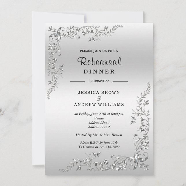 Silver Decoration Wedding Rehearsal Dinner Invitation (Front)