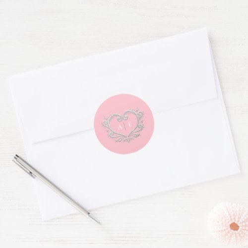 Silver decorative heart monogram pink wedding classic round sticker
