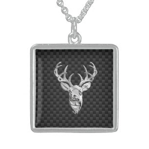 Silver Deer Buck on Carbon Fiber Style Decor Sterling Silver Necklace