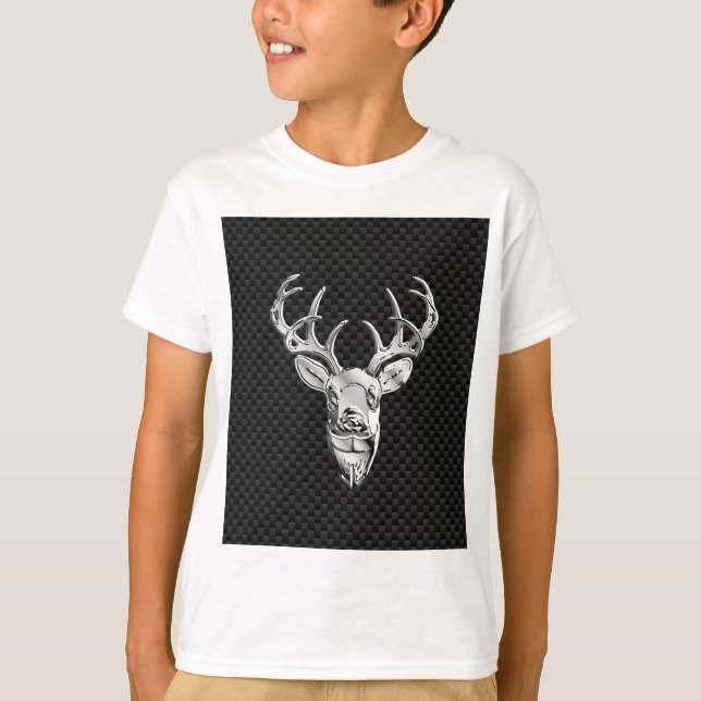 Silver Deer Buck on Carbon Fiber Style Decor T-Shirt (Front)
